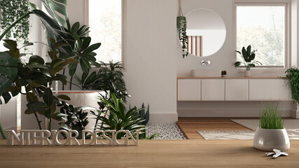 Wooden table, desk or shelf with potted grass plant, house keys and 3D letters making the words interior design, over bathroom with houseplants, urban jungle interior design