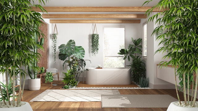 Zen interior with potted bamboo plant, natural interior design concept, wooden bathroom with freestanding bathtub and washbasin, urban jungle, interior design idea