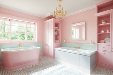 Fototapeta na wymiar Soft Pastels in a Bright Master Bathroom. AI Generated.