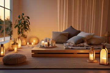 meditation room with lit candles around and room with pillows and cushions on the floor
