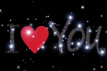 glowing inscription I love you on the starry sky with a red heart, black background