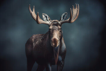Animal Power - Creative and gorgeous colored portrait of a male moose in front of a dark background that is as true to the original as possible and photo-like