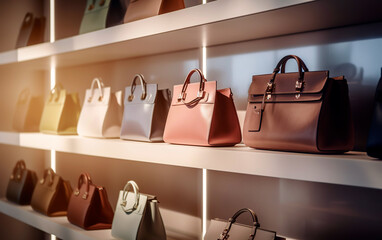 Different stylish women's handbags on a store shelves. Generative AI.