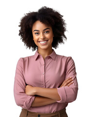 Portrait of a young smiling African American woman looking at the camera with her arms crossed. Happy girl standing successful businesswoman. Generated AI. PNG. Transparency.