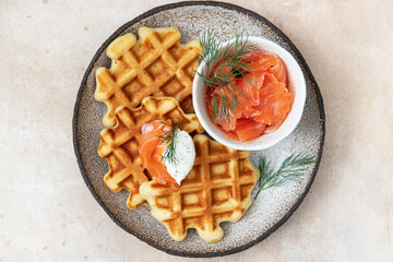 Belgian waffles with salmon  and cream cheese