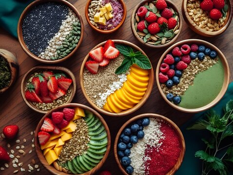 Colorful and Nourishing Delight: Plate of Smoothie Bowls Adorned with Fresh Fruits, Nuts, and Seeds in a Captivating Photograph