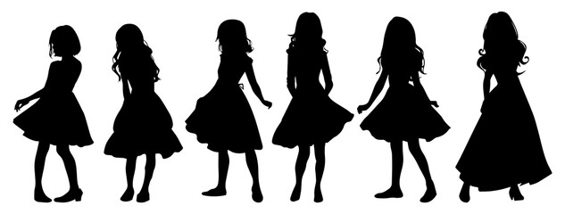 Vector illustration. Silhouette of a girl in a dress. Set.