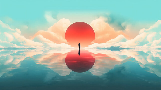 Meditation abstract relaxing red sunset ball and a man background with water reflection, pastel colors created by Generative  AI