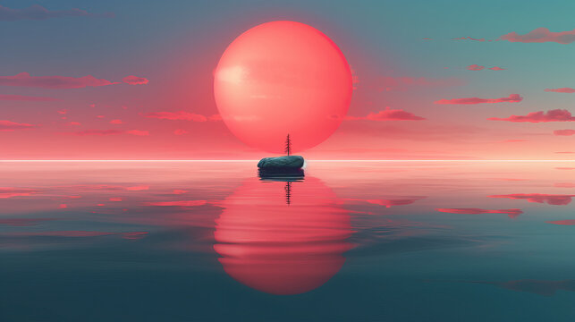 Meditation abstract relaxing red sunset ball and a man background with water reflection, pastel colors created by Generative  AI