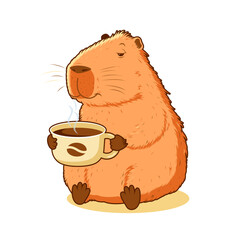 Capybara is holding a cup of coffee. Isolated on a white background. Vector stock illustration.