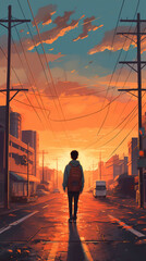 a boy is enjoying sunset on the urban street