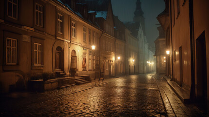 Fototapeta na wymiar street in the town at night. Generative Ai