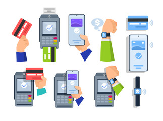 Set of payment type icons. Flat style contactless and cashless payment stickers. Use of bank card with chip, smartphone or watch with NFC with POS terminal to make a purchase. Vector illustration.