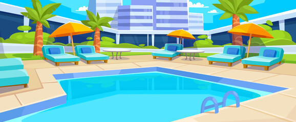 Outdoor swimming pool in a luxury hotel with a spa. Background with empty pool party, umbrellas and lounge chairs and palms. Summer vacation in a tropical resort. Cartoon vector illustration.