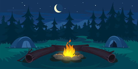 Night camp in a forest with tents, campfire and log near it. Landscape view on a campsite in the mountains. Summer outdoor vacation. Camping background for game design. Cartoon vector illustration. - obrazy, fototapety, plakaty