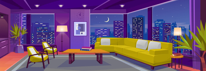 View of a night city with skyscrapers from a luxury apartment with panoramic windows. Modern living room interior with cozy furniture and neon blue light on a high floor. Cartoon vector illustration.