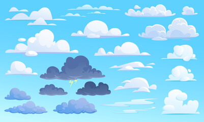 Clouds set for different weather in cartoon style isolated on blue. Fluffy white cotton clouds and dark storm cumulus with lightning in the sky. Vector icon collection for game design and app UI. © Microstocker.Pro