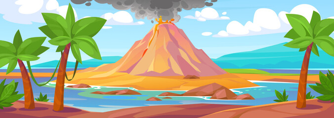 Landscape view of a volcanic eruption on a tropical island in the ocean. Game background with a volcano explosion, ash, lava, smoke and magma flowing on a mountain. Cartoon style vector illustration - obrazy, fototapety, plakaty