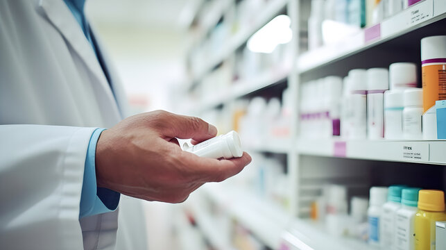 Hand of a pharmacist picking up a medicine from the pharmacy shelves. Concept of health, medicine and pharmacy. Generative ai.