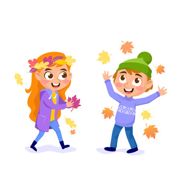 A young boy and girl are playing with fallen leaves isolated on a white background. Cute little children playing outdoors in the fall season. Autumn activities. Cartoon vector illustration.