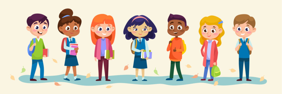 Collection of different student characters isolated on a beige background. Diverse students set. Smiling boys and girls with backpacks going back to school in the fall. Cartoon vector illustration.