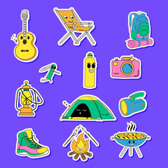 Collection of camping stickers including a set of 90s style camping items.