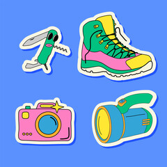 Set of stickers for hiking and trekking in the style of the 2000s