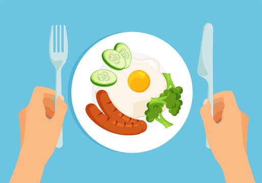 Delicious Healthy Breakfast On A Plate Top View. Omelette, Grilled Sausages, Vegetables. Hands Is Holding Fork And Knife. Vector Illustration Isolated