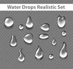 Water drops realistic set Transparent rain drips Vector