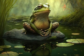 Frog sitting on a rock in the forest