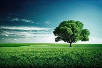 Tree on green field under blue sky with clouds. Nature composition