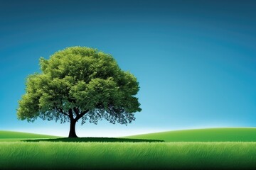 Fototapeta na wymiar A lone green tree with shadows against a meadow and blue sky