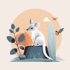 illustration of a fennec fox sitting on a stump against the background of an orange sun and tree branches. sticker, print for clothes. Generative AI