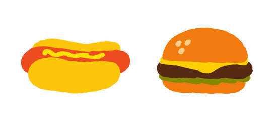 Doodle Burger and Hot Dog. Scribble cute kid pencil, pen or marker hand drawn fastfood restaurant or cafe icons (Full Vector)