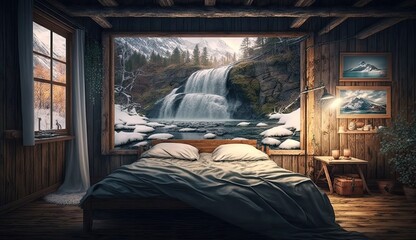 Obraz na płótnie Canvas idyllic snowy landscape, calm, quiet environment, beautiful waterfall