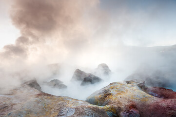 Sol de Manana geysers and fumaroles in Altiplano plateau, Bolivia.