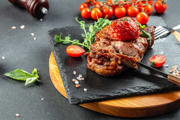 Grilled pork steaks, pork neck with tomatoes, banner, menu, recipe place for text, top view