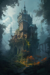Fototapeta na wymiar fantasy castle in the forest. Generative Ai