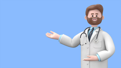 3D illustration of Male Doctor Iverson shows inviting gesture. Happy professional caucasian male specialist. Medical presentation clip art isolated on blue background
