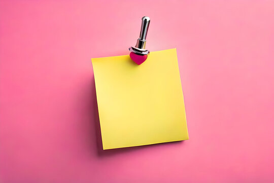 Blank yellow sticky note with thumbtack isolated on pink background