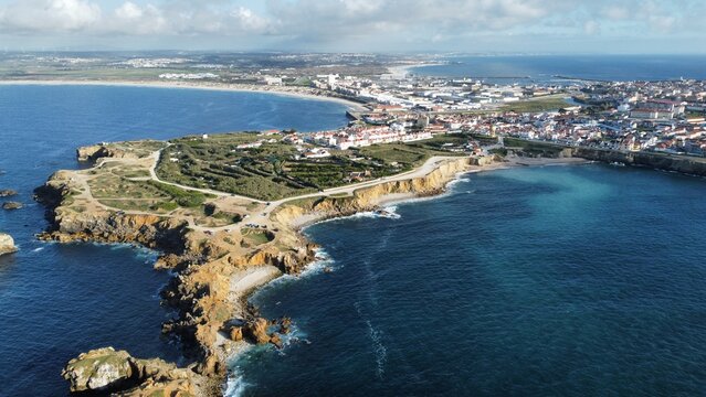 Aerial view over Peniche seaside town