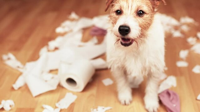 Funny, active naughty dog after biting, chewing a toilet paper at home. Dog mischief, urban puppy training or separation anxiety.