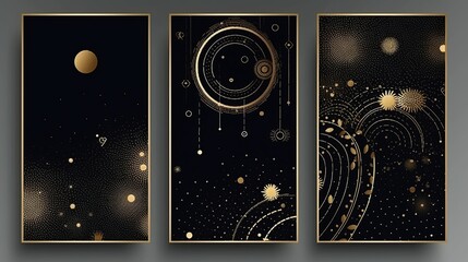 Black elegant celestial backgrounds set with stars, golden glitter and sparkles. Premium geometric design templates of invitation, brochure, notebook or card. generative ai