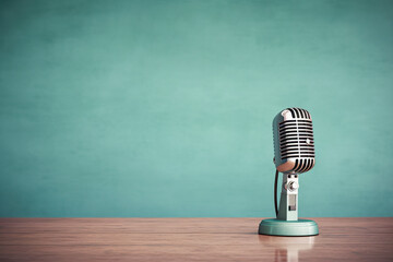 Vintage Retro Style Microphone on Table in Front of Aquamarine Wall. Generative AI