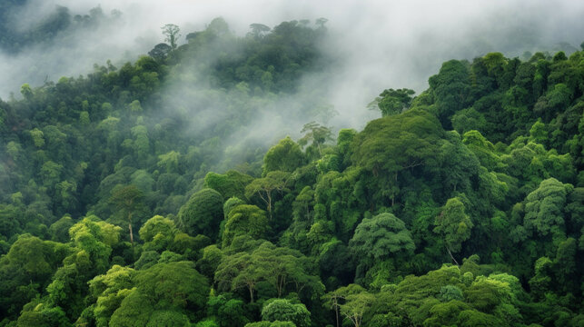 Beautiful tropical rainforest with fog in the morning.Nature background.Climate solutions carbon credit concept. Concept of carbon trading market.