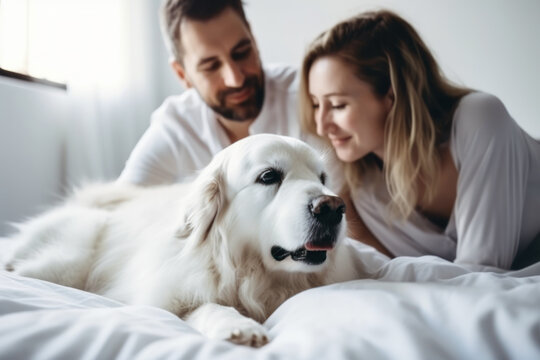 Middle-aged couple petting their labrador dog in bed. Photorealistic illustration generative AI.