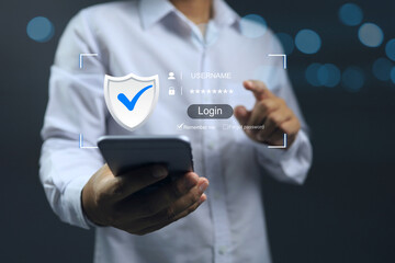 Man in white using smart phone login or idenfify verification in the application and social media account. Cyber securiy ISO 27001 concept.