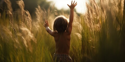 Rear view of a child playing in a field of tall, waving grass, their laughter and excitement filling the warm summer air, concept of Explorer's Paradise, created with Generative AI technology