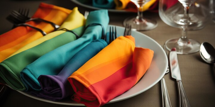 A table setting with rainbow-colored napkins and cutlery, symbolizing an lgbtq gathering or celebration, concept of Inclusivity, created with Generative AI technology