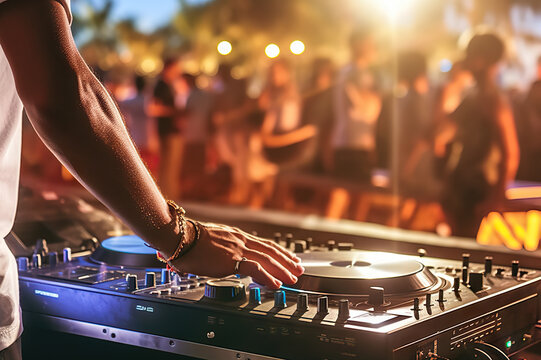 Beach Party Extravaganza: DJ Mixing Igniting the Summer Nightlife with Energetic Crowd and Vibrant Disco Vibes. created with Generative AI